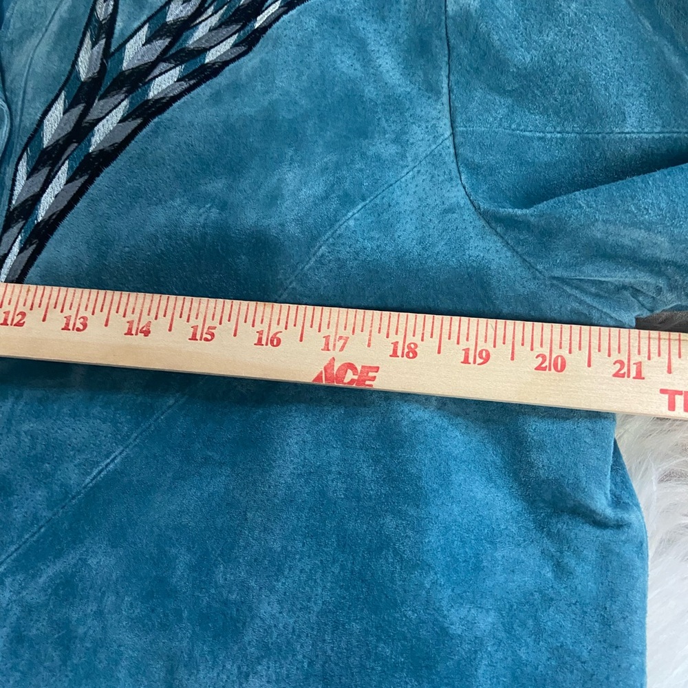 Bob Mackie Wearable Art Sz M Teal Suede Leather Women's Blazer - Picture 9 of 11